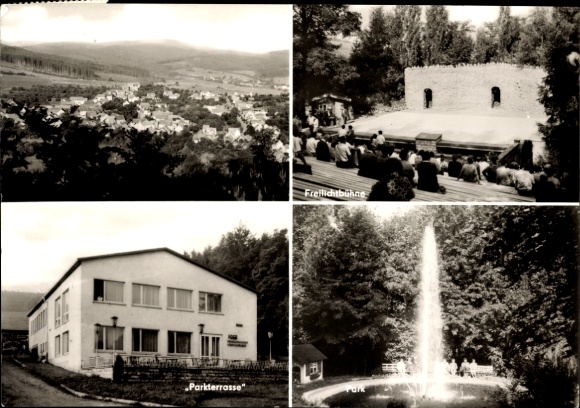 Postcard Fischbach Waltershausen in Thuringia, open-air stage, park terrace, park, total view