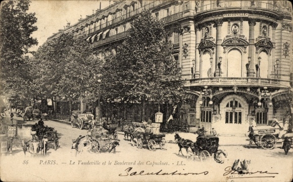 Postcard Paris IX Boulevard de Capucines, Le Vaudeville, Boulevard des Capucines, buildings, carriages