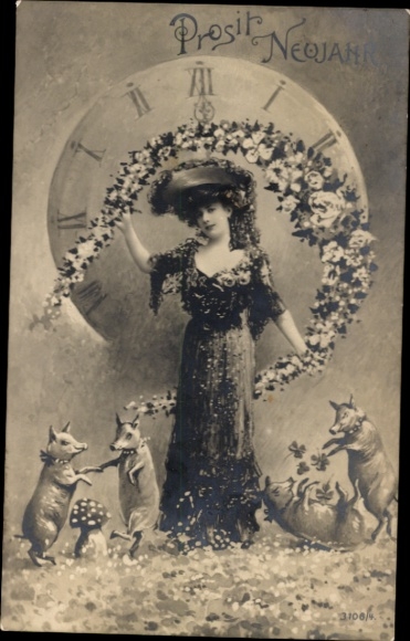 Postcard Happy New Year, woman, clock, pigs