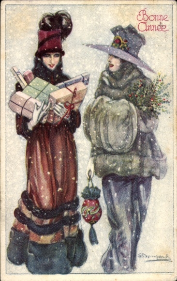 Artist Postcard Bompard, Sergio, Bonne Année, Women with Gifts