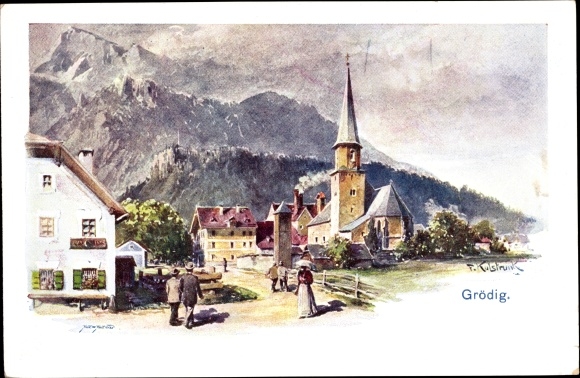 Artist PC Kulstrunk, F., Grödig in Salzburg, church, mountains, partial view of the village