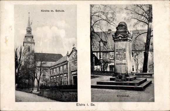 Postcard Elstra in Upper Lusatia Saxony, church with school, memorial, r place