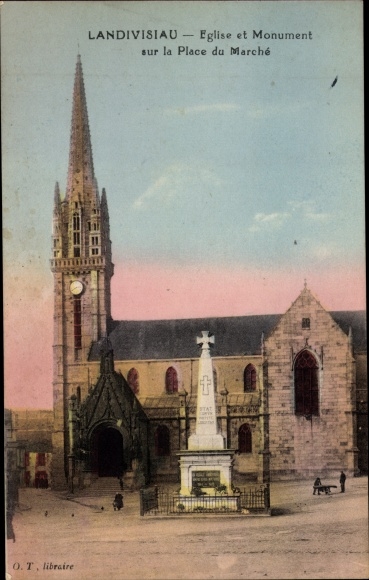 Postcard Landivisiau Finistere, Church and Monument on the Place du Marche