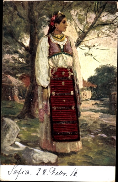 Artist Postcard Mrkvicka, IV, Jeune fille de Vraza, Bulgarian in traditional costume
