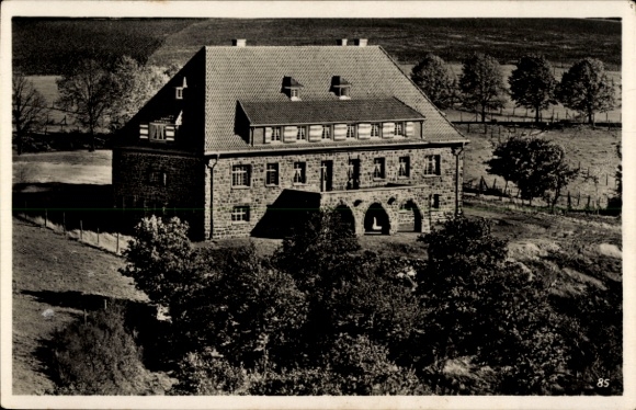 Postcard Nideggen in the Eifel, youth hostel, multi-story building, rural setting, trees...