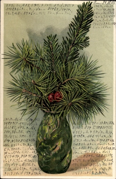 Postcard Vase with fir branches and red berries