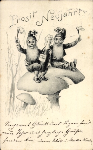 Ak Glückwunsch Neujahr, Zwerge, Sekt, Pilze