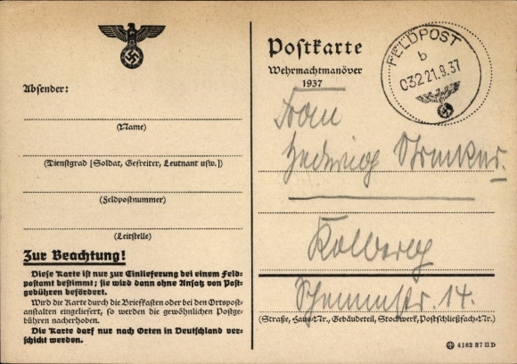 Ak Propaganda, Wehrmachts-Manöver 1937, Feldpost