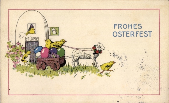 Embossed Postcard Congratulations Easter, lamb, chick, Easter eggs