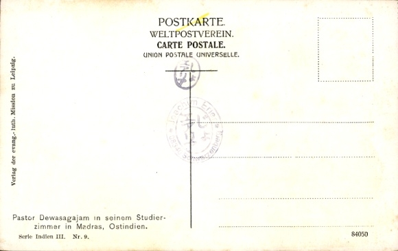 Postcard Madras India, Pastor Dewasagajam in his study, Evangelical Lutheran Mission in Leipzig