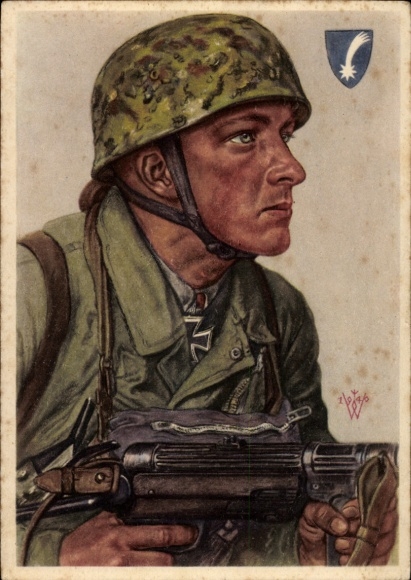 Artist Postcard Willrich, Wolfgang, Sergeant Helmut Arpke, airborne troops, Knight's Cross recipient, VDA