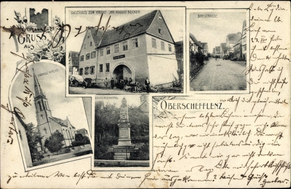 Postcard Oberschefflenz Schefflenz in Baden, Inn zur Krone, war memorial, evangelical church