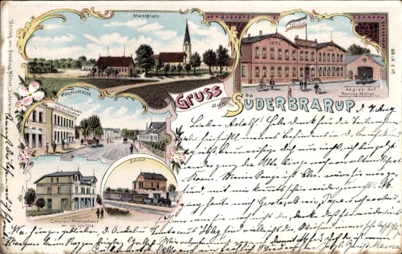 litho Süderbrarup in Sleeswijk-Holstein, Hotel Angler Hof, marktplein, treinstation, kant van het spoor