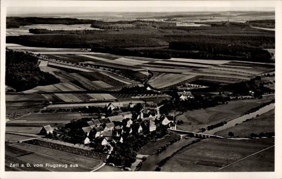 Ak Zell an der Mosel, luchtfoto van Zell an der Mosel, velden, dorpen, bossen, zwart-wit