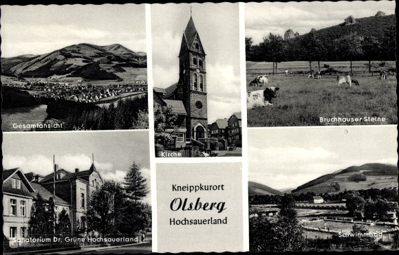 Ak Olsberg in het Sauerland, Bruchhauser Steine, Sanatorium Dr. Groenen, zwembad, kerk
