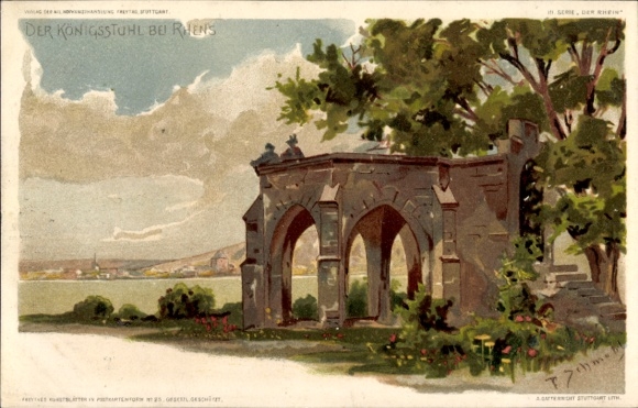 Artist Chromo-Litho Schmohl, P., Rhens am Rhein, view of the Königstuhl