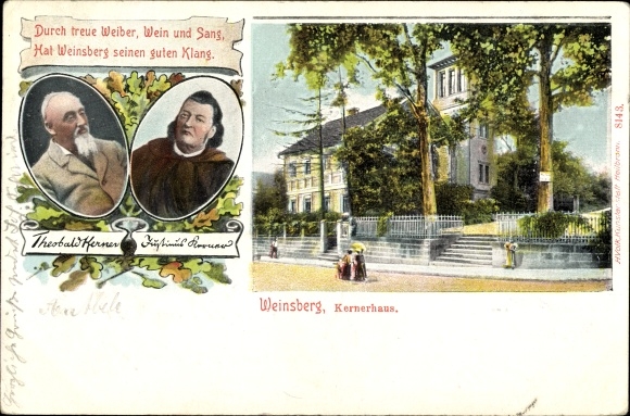 Chromo-Litho Weinsberg in the district of Heilbronn, portrait of Justinus Kerner, Theobald Kerner, Kernerhaus