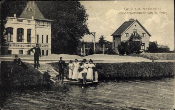 Postcard Mariensiel Sande in Friesland, station restaurant by A. Evers, boat dock