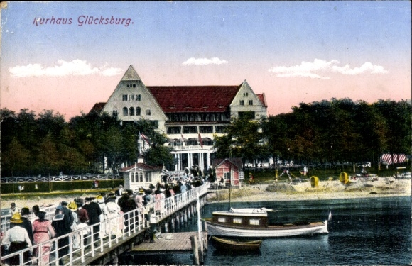 Postcard Ostseebad Glücksburg, spa house, promenade, boat, forest