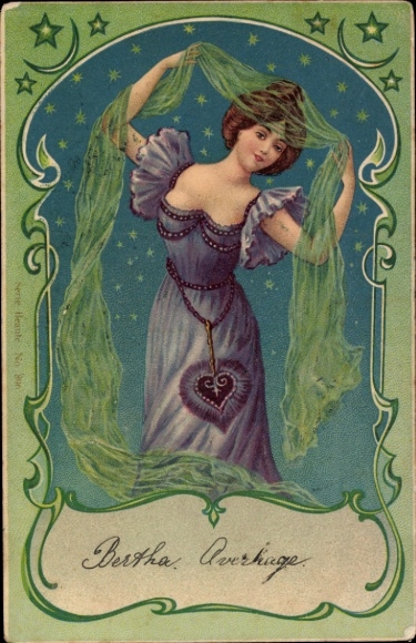 Jugendstil Präge Litho Dame im blauen Kleid, Schleier, Mond, Sterne