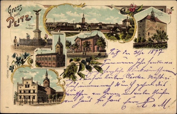 Litho Peitz in der Niederlausitz, Kriegerdenkmal, Festungsturm, Kirche, Rathaus