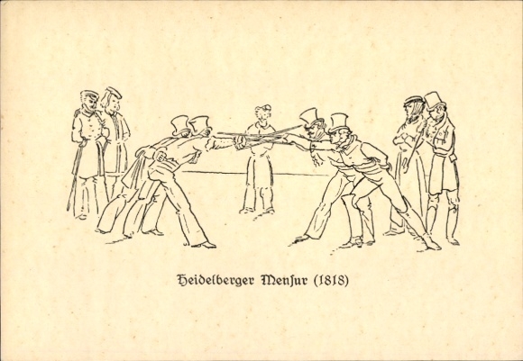 Studentika Postcard Heidelberger Mensur 1818, students fencing