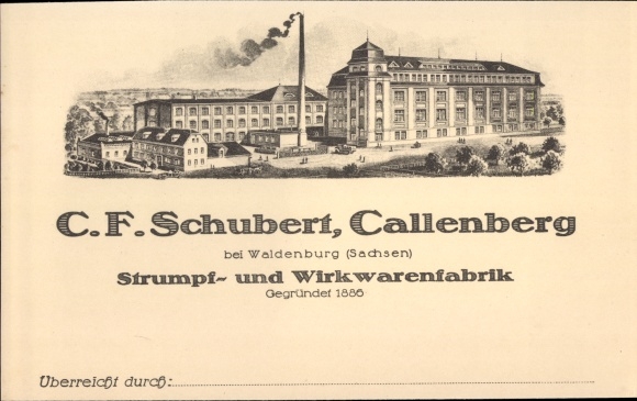 Postcard Callenberg in Saxony, hosiery and knitwear factory CF Schubert