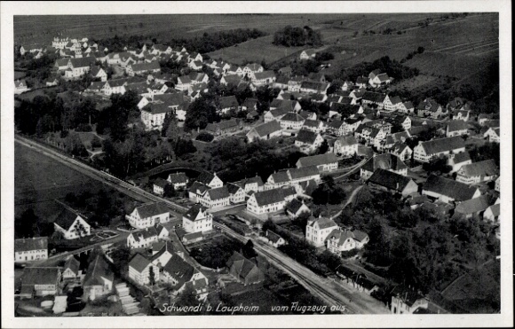 Postcard Schwendi in Upper Swabia, aerial photograph, residential buildings, landscape, airplane perspective