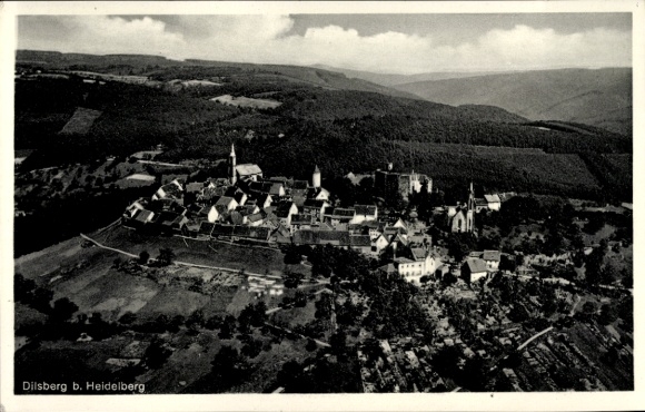 Ak Dilsberg Neckargemünd am Neckar, Luftaufnahme von Dilsberg, bewaldete Umgebung,  Gebäude
