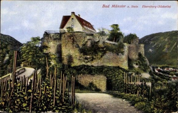Ak Bad Münster am Stein Bad Kreuznach aan de Nahe, kasteel Ebernburg, wijngaarden