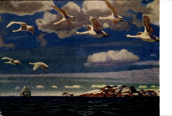 Künstler Ak Segelschiff am Horizont, Gänse