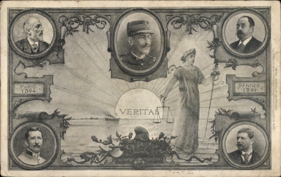 Postcard Veritas, Justizia, participants in the Dreyfuss Affair