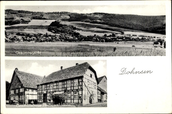 KP Dohnsen Hall w Weserbergland w Dolnej Saksonii, widok ogólny, budynek handlowy Fr. Höwel, konstrukcja szachulcowa