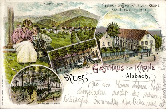Chromo-Litho Alsbach Hähnlein Hesse, guesthouse and inn zur Krone, total view