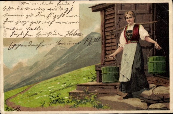 Künstler Ak Mailick, Frau in Tracht auf der Alm, Eimer