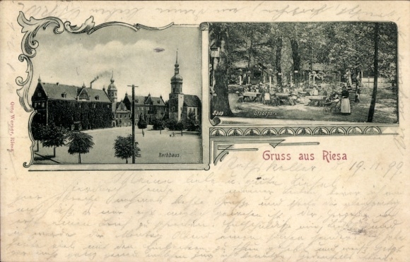 Ak Riesa an der Elbe Sachsen, Barbhaus, Stadtpark, Menschen beim Picknick, Gruss aus Riesa