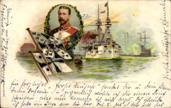 Artist Chromo-Litho Stöwer, Willy, German warship, SMS Deutschland, flagship, Prince Heinrich
