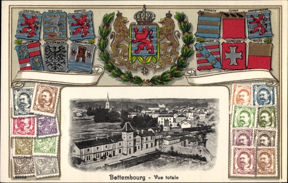 Embossed Coat of Arms Stamps Postcard Bettembourg Luxembourg, View Totals