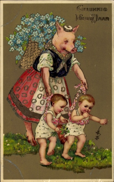 Glitzer Litho Glückwunsch Neujahr, Schwein mit Blumenkorb, Kinder, Vergissmeinnicht