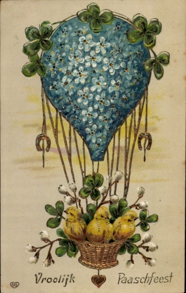 Präge Ak Glückwunsch Ostern, Ballon, Küken, Glücksklee, Vergissmeinnicht, Weidenkätzchen
