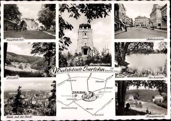 Ak Iserlohn im Märkischen Kreis, Bismarckturm, Hauptbahnhof, Rathausplatz, Seilersee, Franzosenhohl