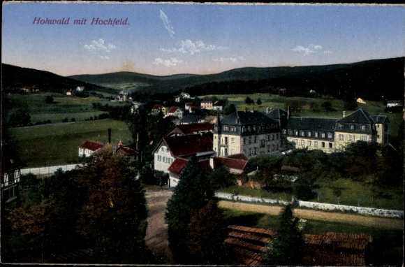 Postcard Hohwald Neustadt in Saxony, Hohwald with Hochfeld, landscape, buildings, trees, hills