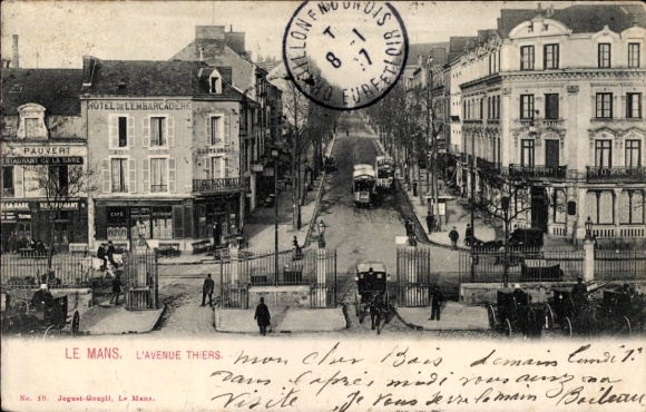 KP Le Mans Sarthe, Avenue Thiers, Hotel de Lembaracdere, Restauracja Pauvert, stempel pocztowy