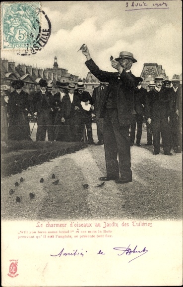 Postcard Paris, The Bird Charmer at the Jardin des Tuileries