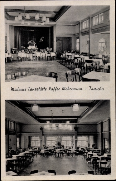 Postcard Tauscha in Saxony, modern dance venue Kaffee Mohrmann, owner A. Schönfeld
