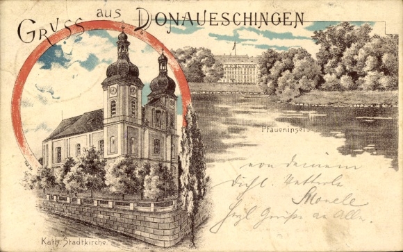 Litho Donaueschingen im Schwarzwald, katholische Stadtkirche, Pfaueninsel