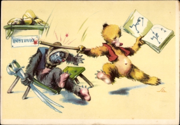 Artist Postcard Salac, AL, fencing accident, instruction book, sword, blow to the head, bears
