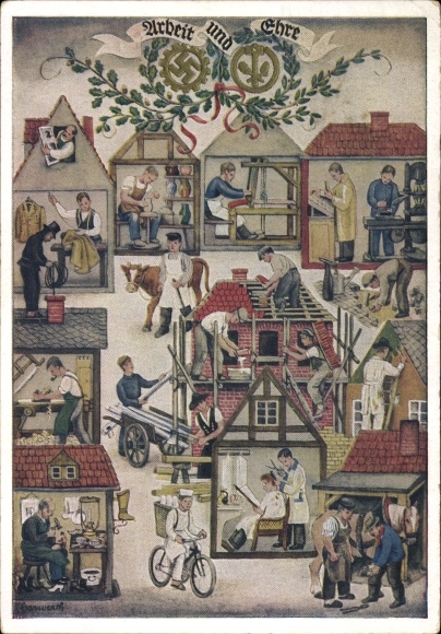 Künstler Ak Reichshandwerkertag 1936, Arbeit und Ehre, Friseur, Bäcker, Töpfer, Schornsteinfeger