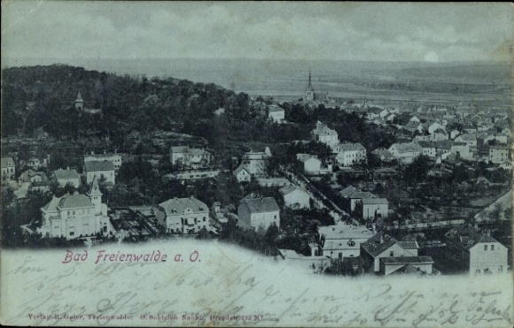 Postcard Bad Freienwalde on the Oder, panoramic view of the town, numerous buildings, forests in the background