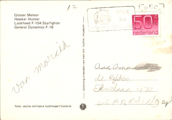 Postcard Dutch military aircraft, Gloster Meteor, Hawker, Lockheed F-101 Startfighter